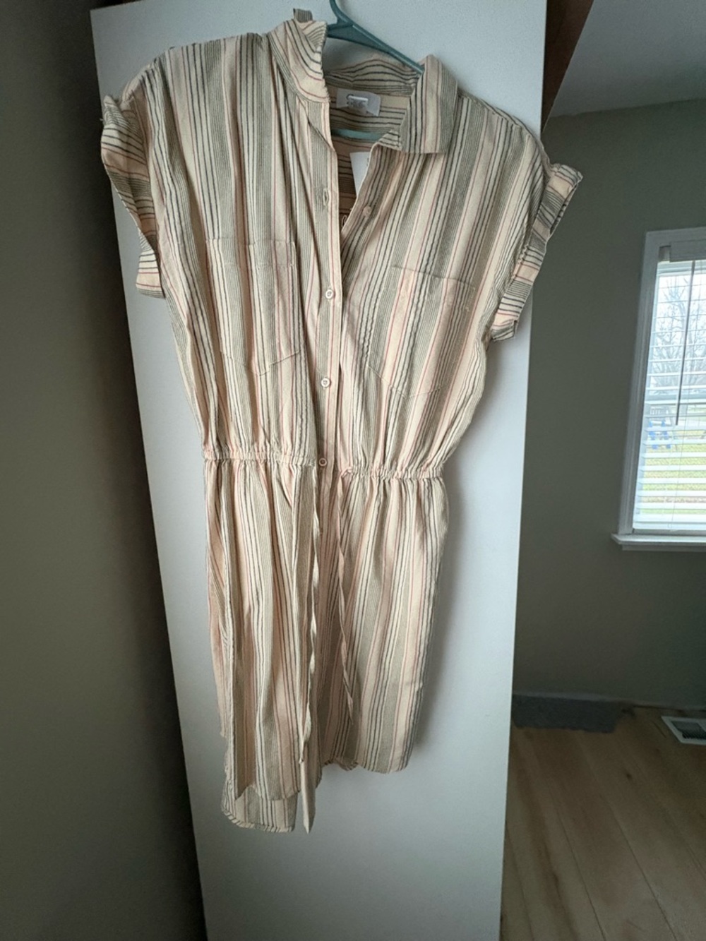 Striped Button-Front Shirtdress in Cream and Tan